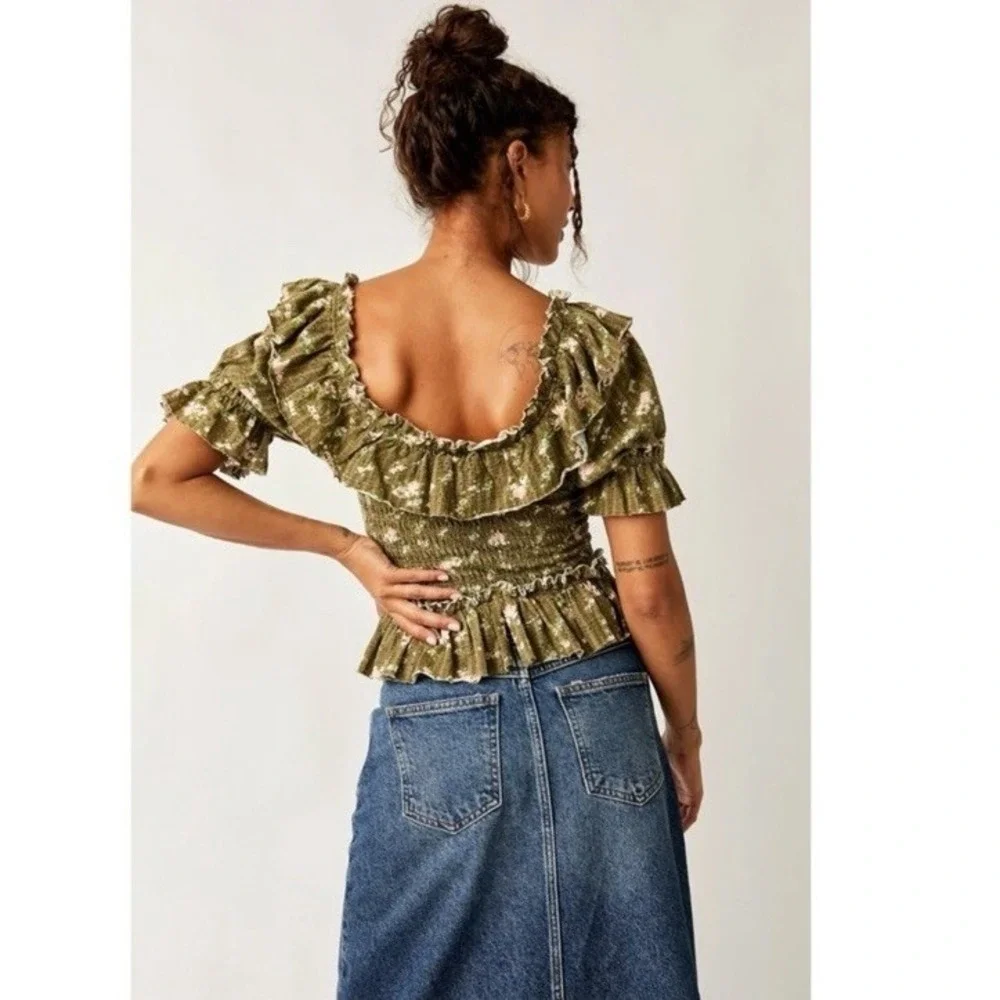Free People Dainty Ruffle Floral Prairie Favorite Girl Top Army Combo Small